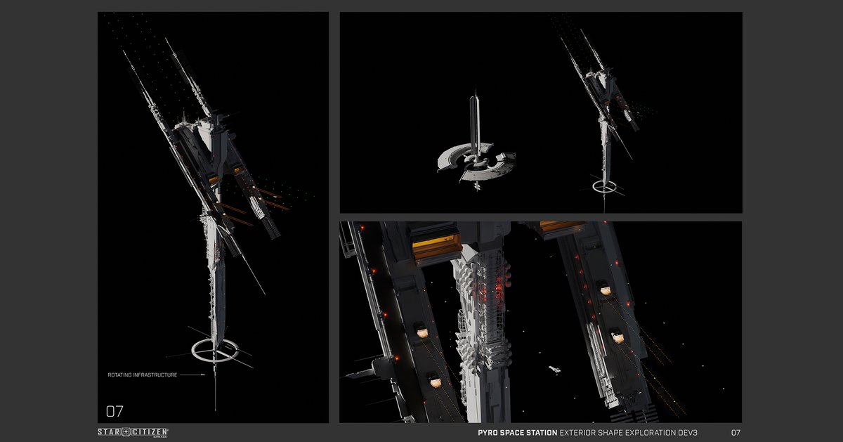 cdoretz's tweet image. Concept art ideas for the pyro space stations in star citizen. Theres a TON more on my Artstation, feel free to give it a visit. Huge shoutout to @will-hyde.bsky.social I worked alongside and who developed the station even further! #conceptart #starcitizen #scifi #gamedev #b3d