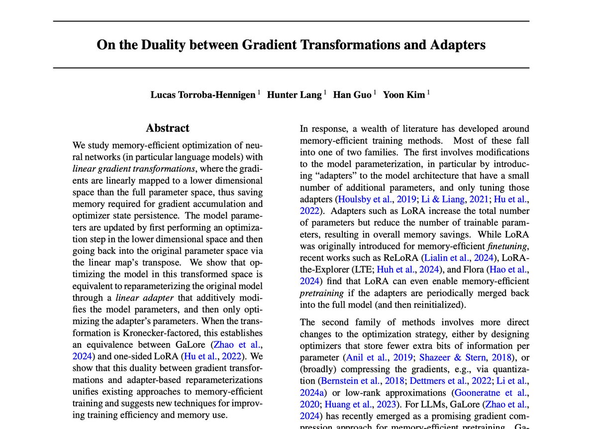 Previous work has established that training a linear layer with GaLore is the same as training it with a half-frozen LoRA adapter. But how far can we push this equivalence?

Read our paper, or come to our poster session at #ICML2025 on Wednesday at 4:30pm, to find out!

📄: