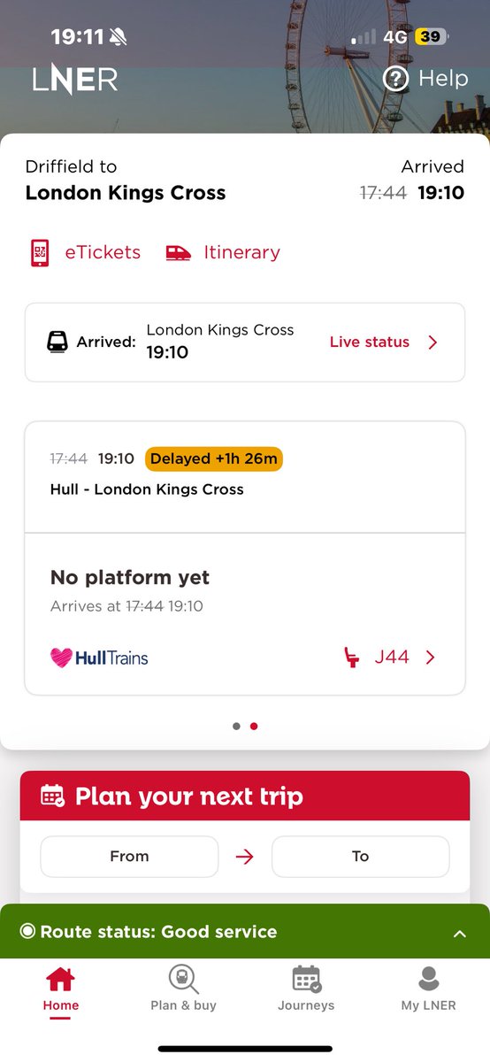 Delayed 1 hr 26 - but route status “good” <a href="/LNER/">London North Eastern Railway</a> ???

You might want to take a look at your app. (Bottom of photo.)
And we have not yet “arrived”!