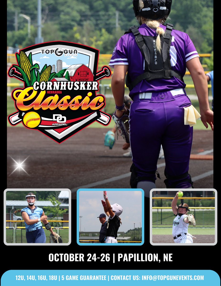 TopGunEvents's tweet image. 🔥 Top Gun Events Presents: Cornhusker Classic! 🔥
🏆 Fastpitch Softball Tournament
📅 October 24-26 | 📍 Papillion, NE
💥 Ages 12U–18U | 🎯 5-Game Guarantee
Spots are filling FAST — don’t miss your shot at glory. ⚡
📲 Sign up NOW!🥎 app.tagup.com/topgun/event/t…