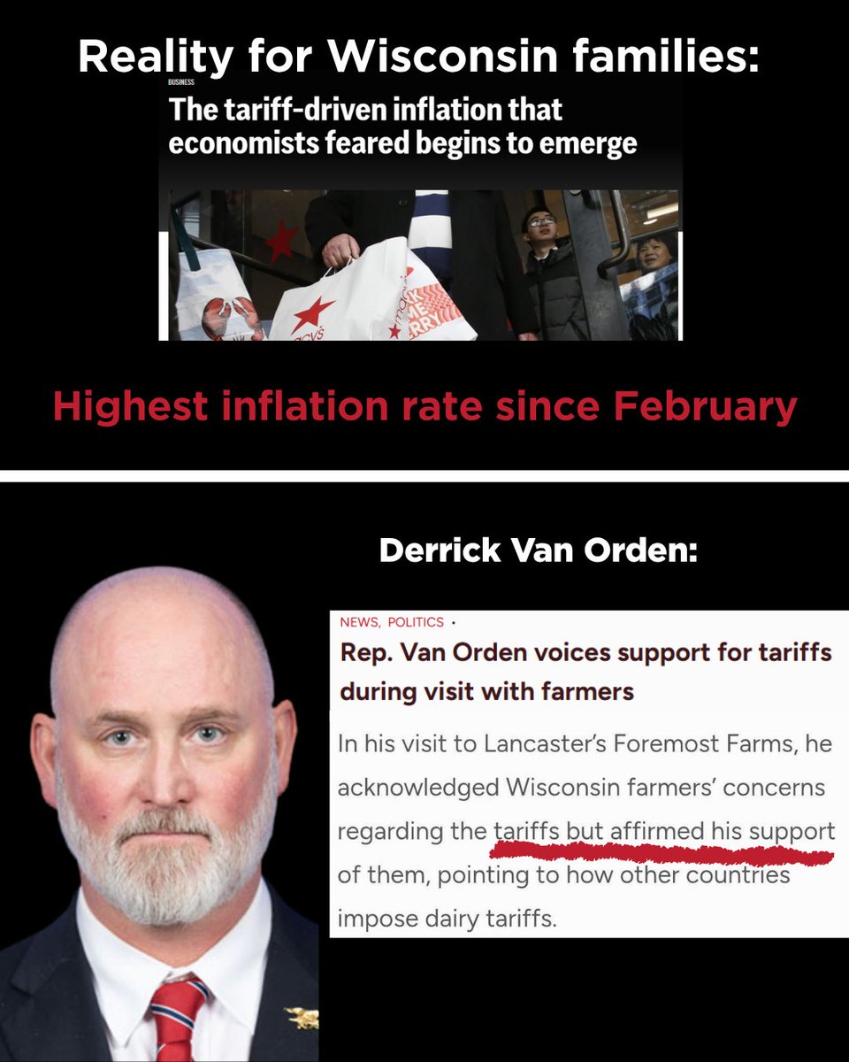 Tariffs cause inflation.

Inflation makes it harder for farmers to sell their crops.

Tariffs are bad for farmers, and Derrick Van Orden supports them with his whole, Trump orange-nosed self.