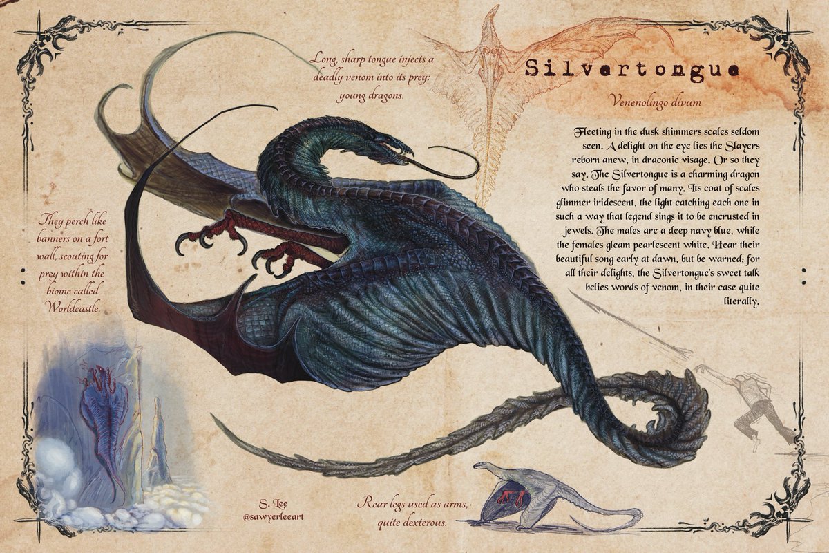 sawyerleeart's tweet image. This wickedly intelligent wyrm has turned its rear limbs into dexterous hands, picking apart its favorite prey: young dragons. From its tongue it administers a venom which paralyzes & targets the victim’s motor skills, making resistance futile.