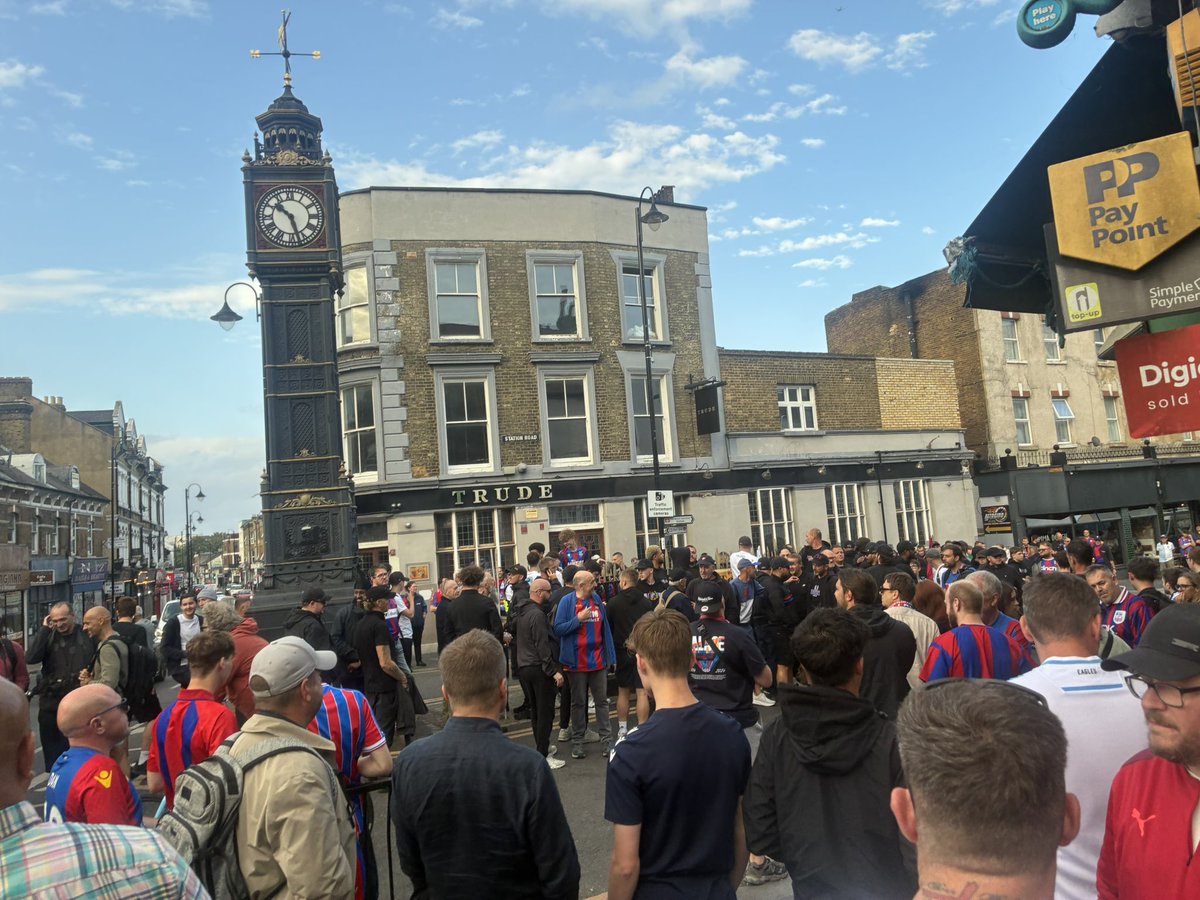 Crystal Palace supporters are gathering ahead of a planned protest march to Selhurst Park against their demotion from the Europa League to the Conference League