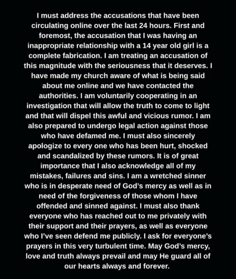 FringeChrist's tweet image. Alex Jurado
A strong initial refutation backed by soft admissions of sinful acts.
No back up facts, statements of evidence or language indicating assurance of innocence, weird: “I’m cooperating” (police?), “maybe I’ll sue someone…?”
Whoever wrote this for him should be fired.