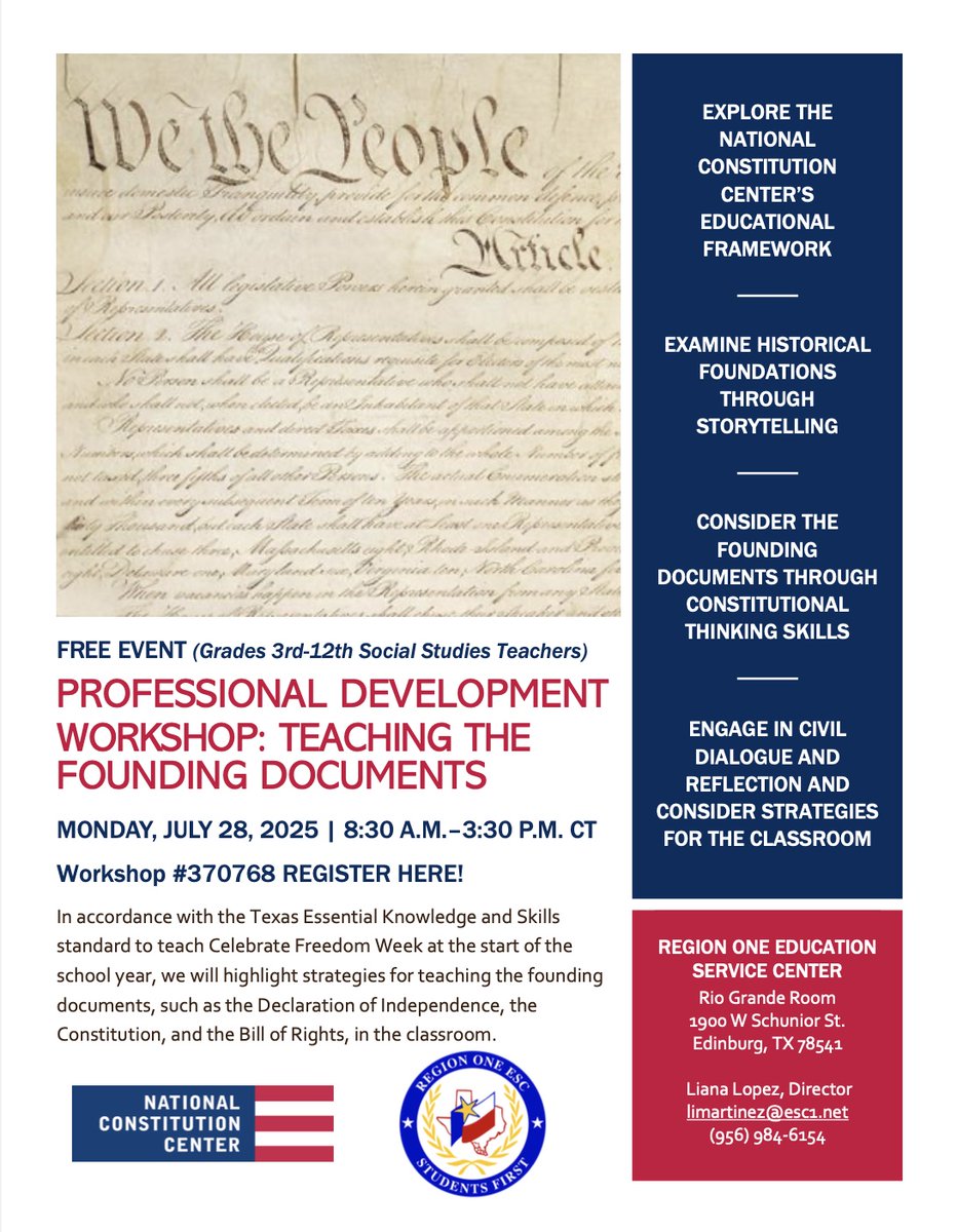 RegionOneESC's tweet image. 📣 Social Studies educators: Join us for a free professional development session.
🗓️ Monday, July 28, 2025
💡 Deepen your instructional practice with expert insight and real-world relevance.
Register here: apps.esc1.net/ProfessionalDe….