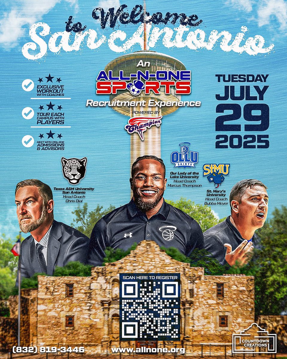 The All-N-One Sports San Antonio Recruiting Experience ⛹️

🗓️ July 29 | 9AM-6PM

Tour the campus of A&amp;M San Antonio, train and compete in front of college coaches, and earn real scholarship opportunities. 🔥

Claim your spot at register.ryzer.com/camp.cfm?id=30…