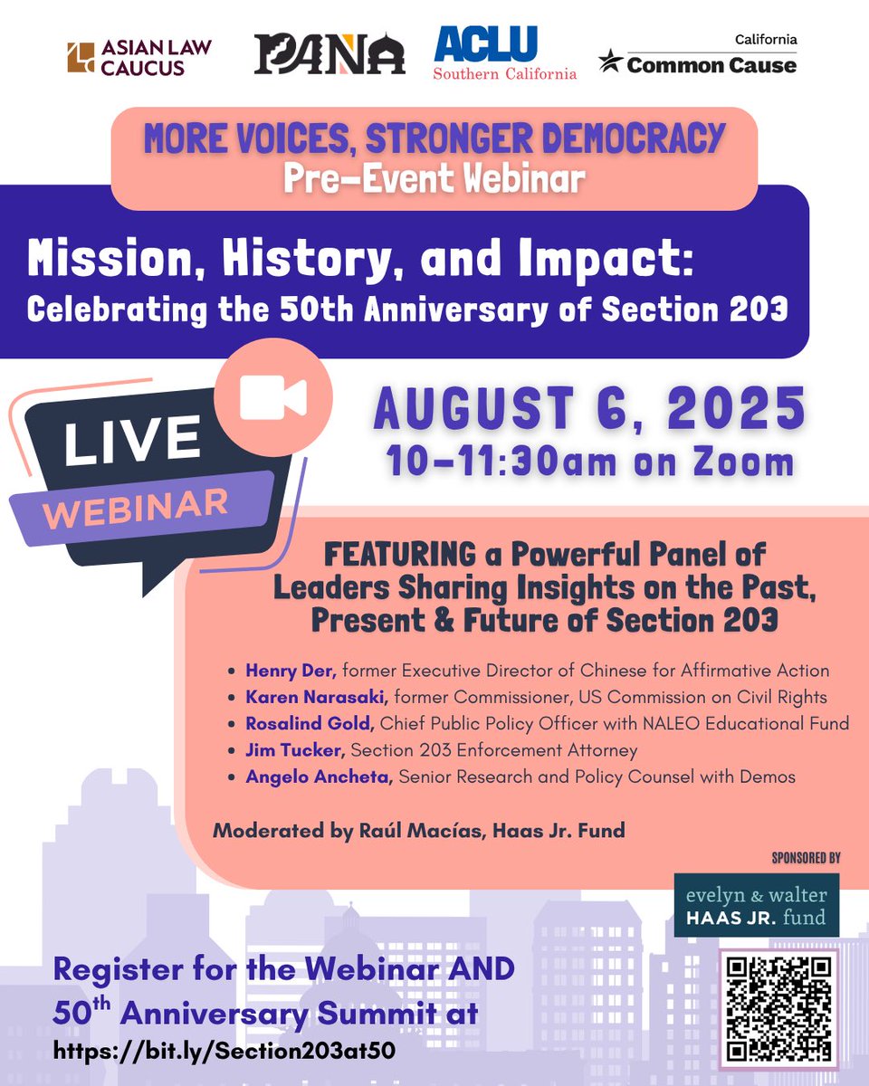 CACommonCause's tweet image. Join us as we commemorate the 50th anniversary of Section 203 of the Voting Rights Act! Celebrating 50 years of expanding voting rights with keynote speakers, an educational webinar, and more.
Use this link to register for our webinar and summit event: bit.ly/Section203at50