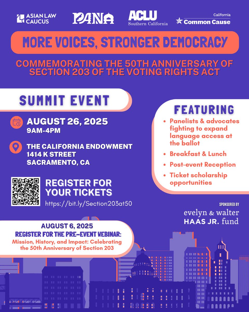 CACommonCause's tweet image. Join us as we commemorate the 50th anniversary of Section 203 of the Voting Rights Act! Celebrating 50 years of expanding voting rights with keynote speakers, an educational webinar, and more.
Use this link to register for our webinar and summit event: bit.ly/Section203at50