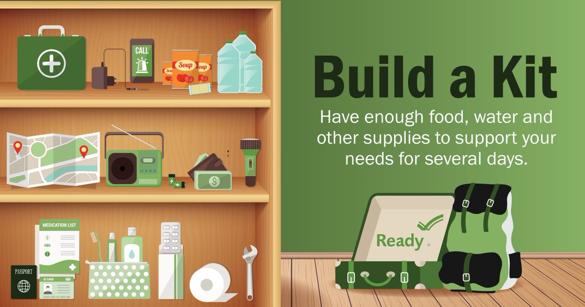 Readygov's tweet image. Hurricane season is here! Make sure you're ready for any storms this season with a checklist of disaster supplies for you and all members of your household, including pets.
Not sure what to include in your home emergency kit? Visit ready.gov/kit for suggestions.