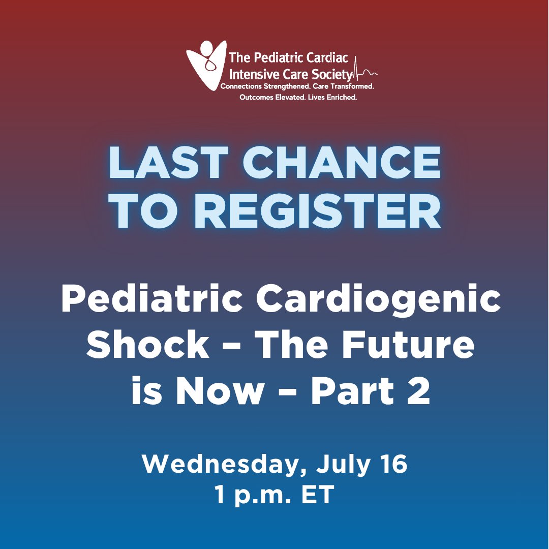 🚨 Don’t miss Part 2! 🚨
It's the last chance to sign up for the PCICS Cardiogenic Shock Think-tank at 1 pm ET July 16. Sign up by 11:59 p.m. EST TODAY to secure your spot: ow.ly/hClZ50Wq6F5
#PediatricCardiology #PICU #PCICSWebinar #HeartFailure