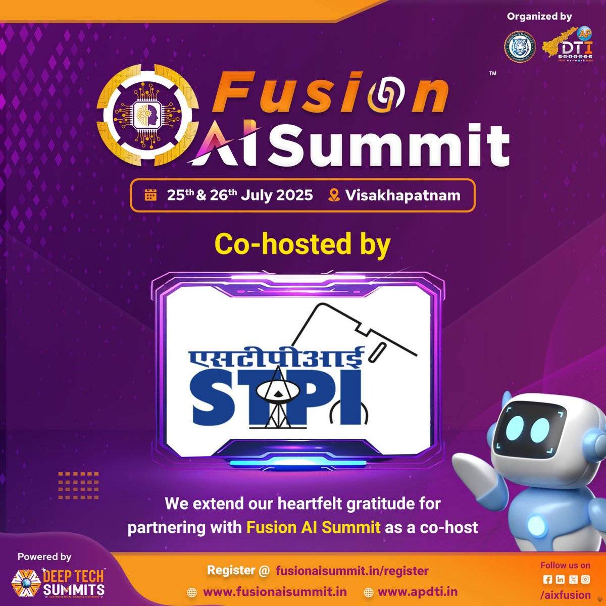 We are delighted to welcome <a href="/stpiindia/">STPI</a> as a Co-host of the 𝐅𝐮𝐬𝐢𝐨𝐧 𝐀𝐈 𝐒𝐮𝐦𝐦𝐢𝐭 2025, taking place on 25th &amp; 26th July in #Visakhapatnam.

#Register at: fusionaisummit.in

#STPI #CoHost #AI #GenAI #AgenticAI #Vizag #AISummit #VizagSummit #Innovation #FAIS