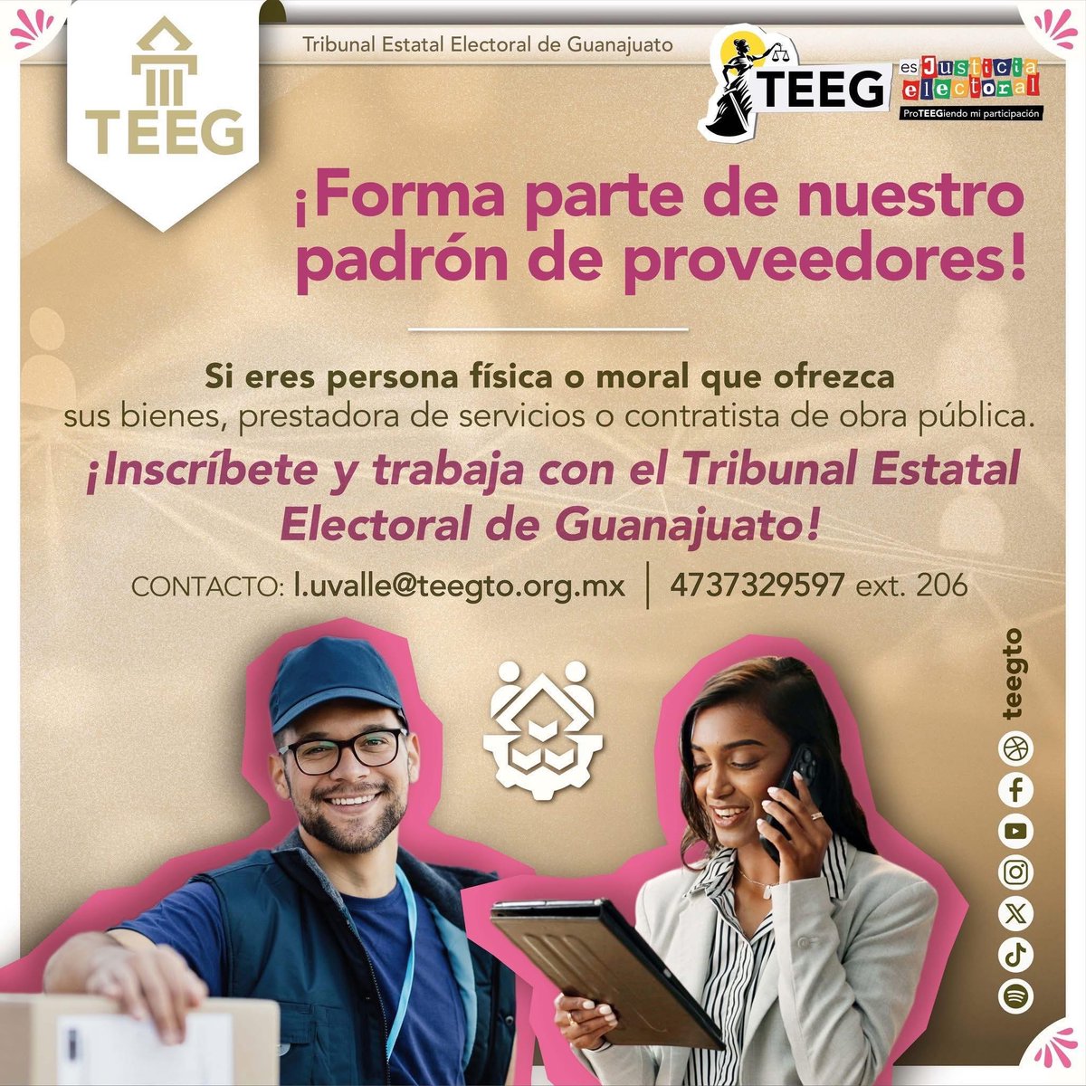 📃 ¡Inscríbete a nuestro padrón de proveedores!

👷‍♀️Trabaja con el #TEEG, ingresa al siguiente enlace y conoce los requisitos: teegto.org.mx/documentos/202…