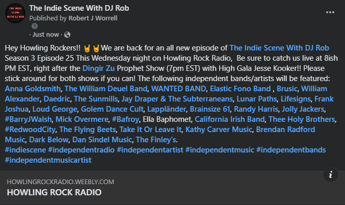 Hey Howling Rockers!! Join us Wednesday night at 8-ish PM EST!  An all new episode of the Indie Scene W/ DJ Rob LIVE! 
howlingrockradio.weebly.com