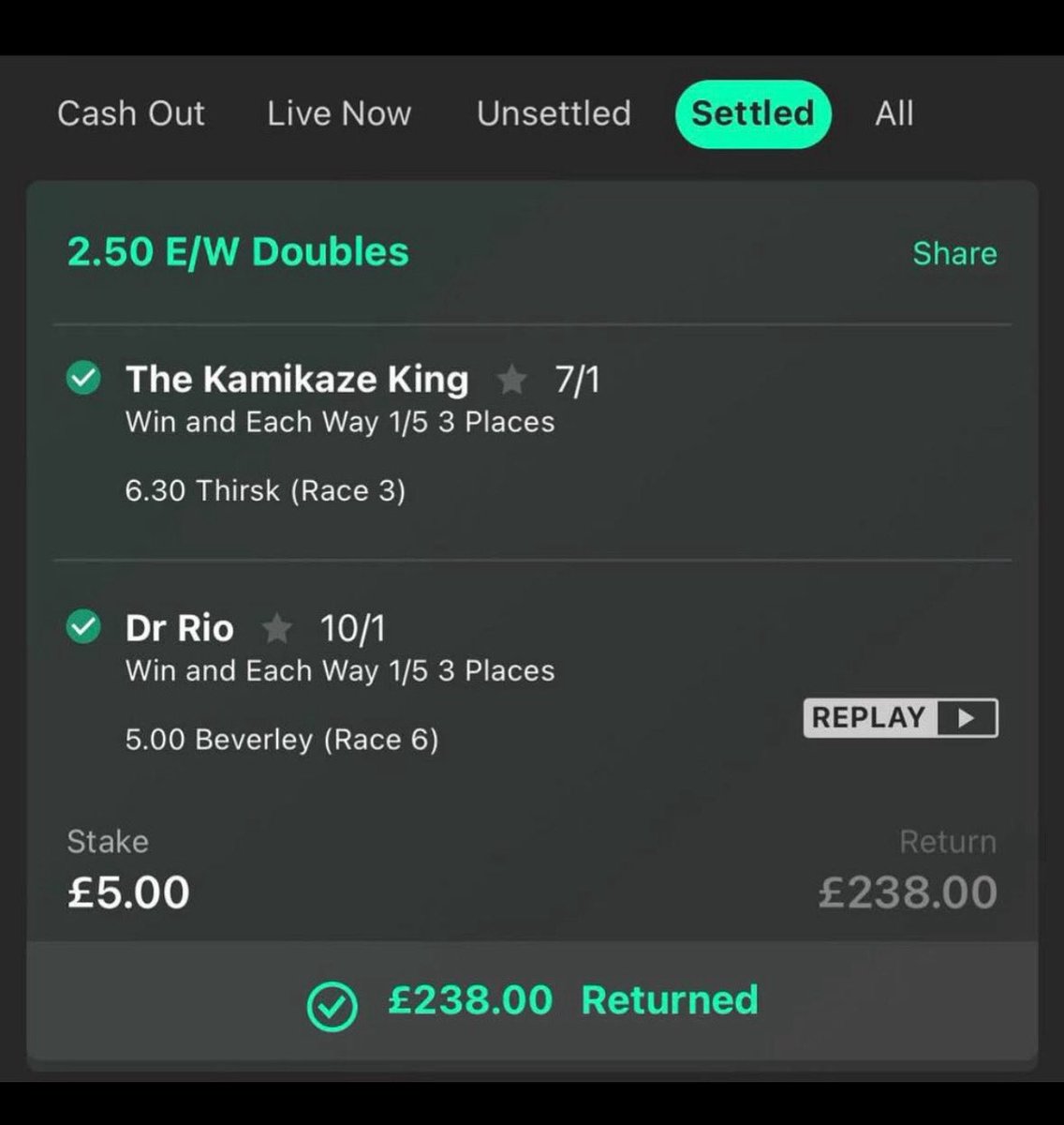 WHAT A DAY🔥🔥🔥🔥🔥

9/1 Premium Winner✅
8/1 Elite Winner✅
7/1 Premium Winner✅

You can go and look for your Tipsters that give you odds on shots and call them tips…

Not here. 

There’s a reason we have profited for 10 years straight… Are YOU ready to see what all the fuss