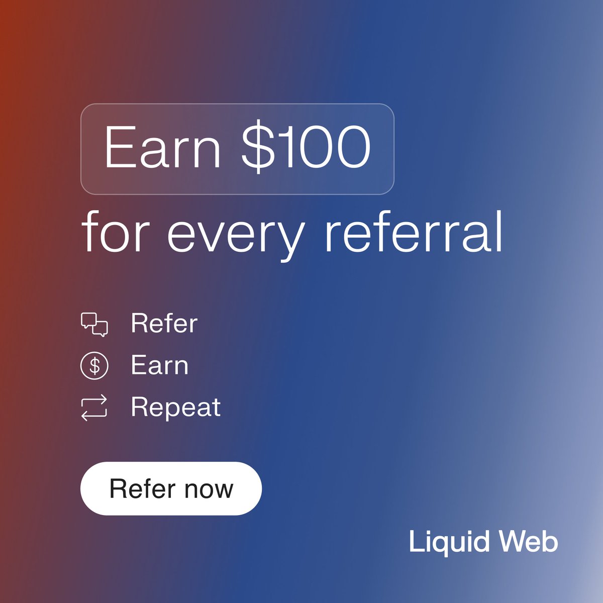 LiquidWeb's tweet image. Love Liquid Web? It’s time to turn that love into 💰
Our referral program is now better than ever, built to reward you every time you spread the word.
Here’s how it works:
✨ $100 in hosting credit for every new customer you refer
✨ Unlimited referrals = unlimited rewards…