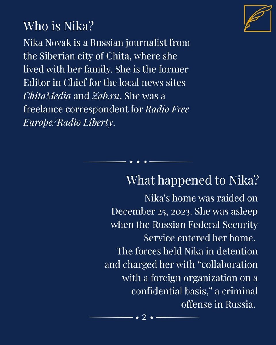 PFC_NPC's tweet image. Today is Nika Novak's 33rd birthday. She is spending it in a penal colony in Russia. Her only crime? Reporting the truth.
#JournalismIsNotACrime #FreeNika @RFERL