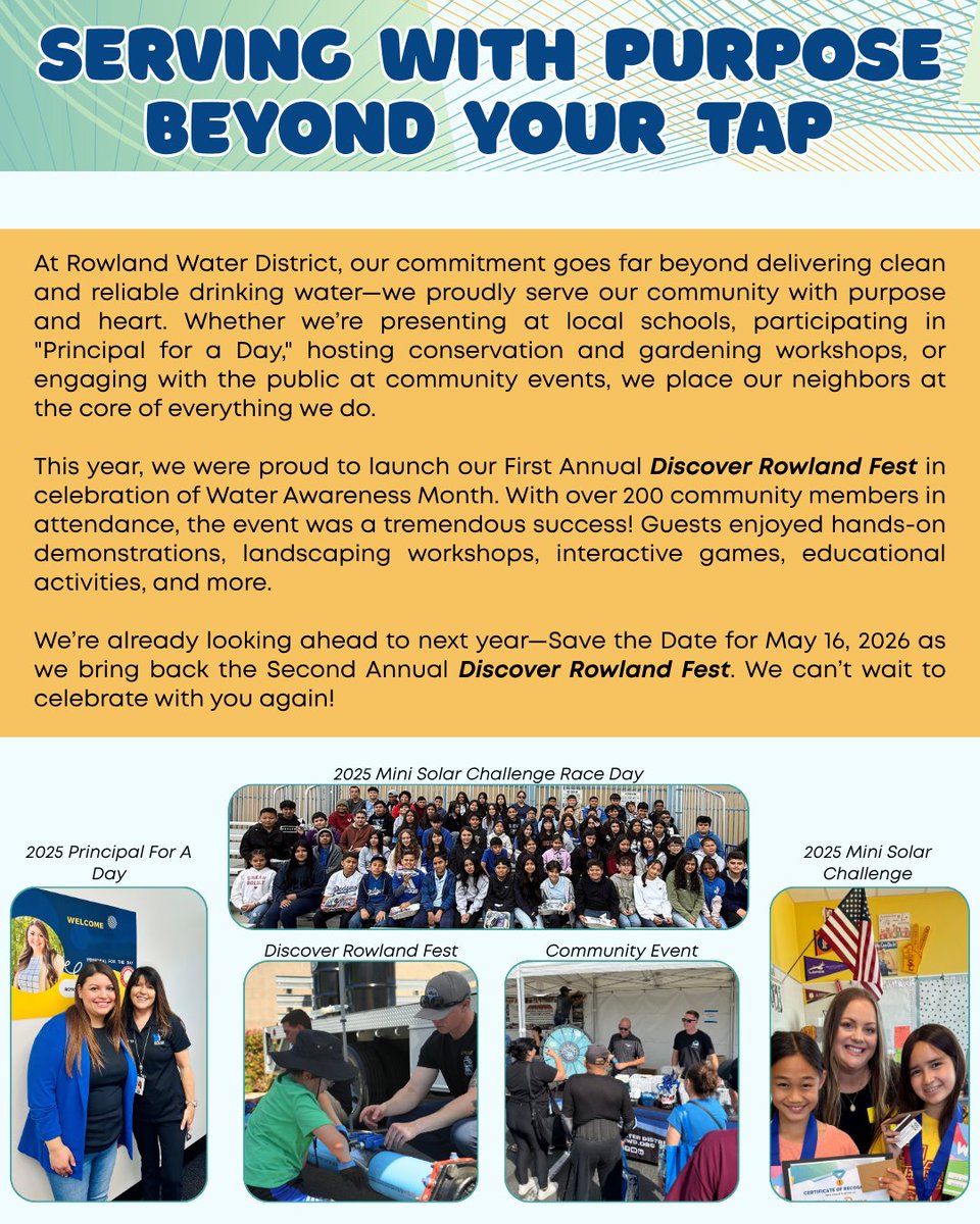 💙At Rowland Water District, our commitment goes far beyond delivering clean and reliable drinking water—we proudly serve our community with purpose and heart. Whether we’re presenting at local schools, participating in "Principal for a Day," hosting conservation and gardening