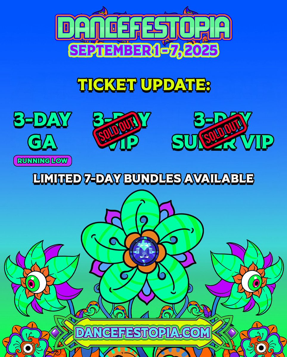 Dancefest Fam! The 3-Day VIP and SUPER VIP passes are officially sold out for #DFT2025! 💚 We have a limited number of 7-Day bundles left, but that’s it aside from GA! ❇️ Thank you, and let’s dance! 🔥