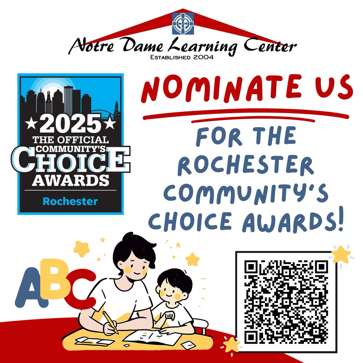 NDLCenter's tweet image. Notre Dame Learning Center is participating in the Rochester Community's Choice Awards 2025!

Scan the QR code or click this link to nominate us: …ocratandchronicle.gannettcontests.com/2025-Rochester…

Every nomination helps us make a bigger difference in our community. Thank you for your amazing support! ❤️