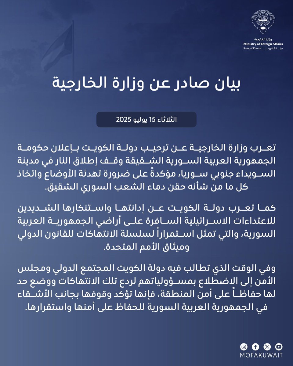 بيان صادر عن وزارة الخارجية
الثلاثاء 15 يوليو 2025

تعرب وزارة الخارجية عن ترحيب دولة الكويت بإعلان حكومة الجمهورية العربية السورية الشقيقة وقف إطلاق النار في مدينة السويداء جنوبي سوريا، مؤكدةً على ضرورة تهدئة الأوضاع واتخاذ كل ما من شأنه حقن دماء الشعب السوري الشقيق.

كما تعرب