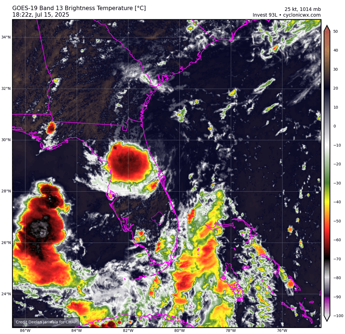 TropicScope's tweet image. #93L is making its way onto land this afternoon, with a lot of the convection displaced to the S/SW of the center due to some shear that it has encountered. This convection could help to keep it more south and enter the gulf more favourably, a waiting game at this point.