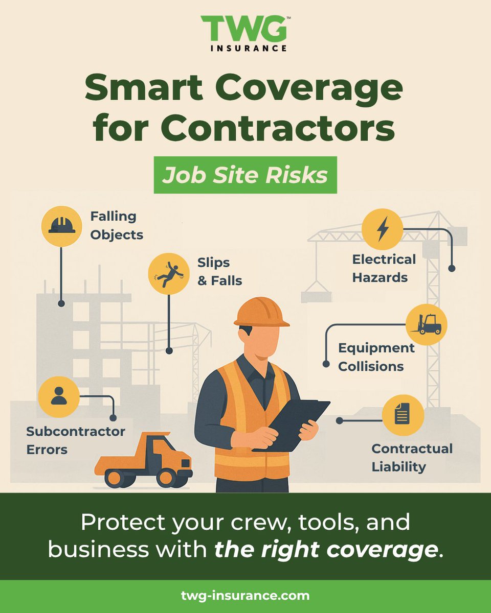 TWG_Insurance's tweet image. Contractors: One accident on the job site can derail your entire business. 

Get the right liability coverage to protect your crew, equipment &amp;amp; future.
Get a quote with TWG: bit.ly/3SdxA79

#ContractorCoverage #TWGInsurance #BusinessLiability #ConstructionRisk