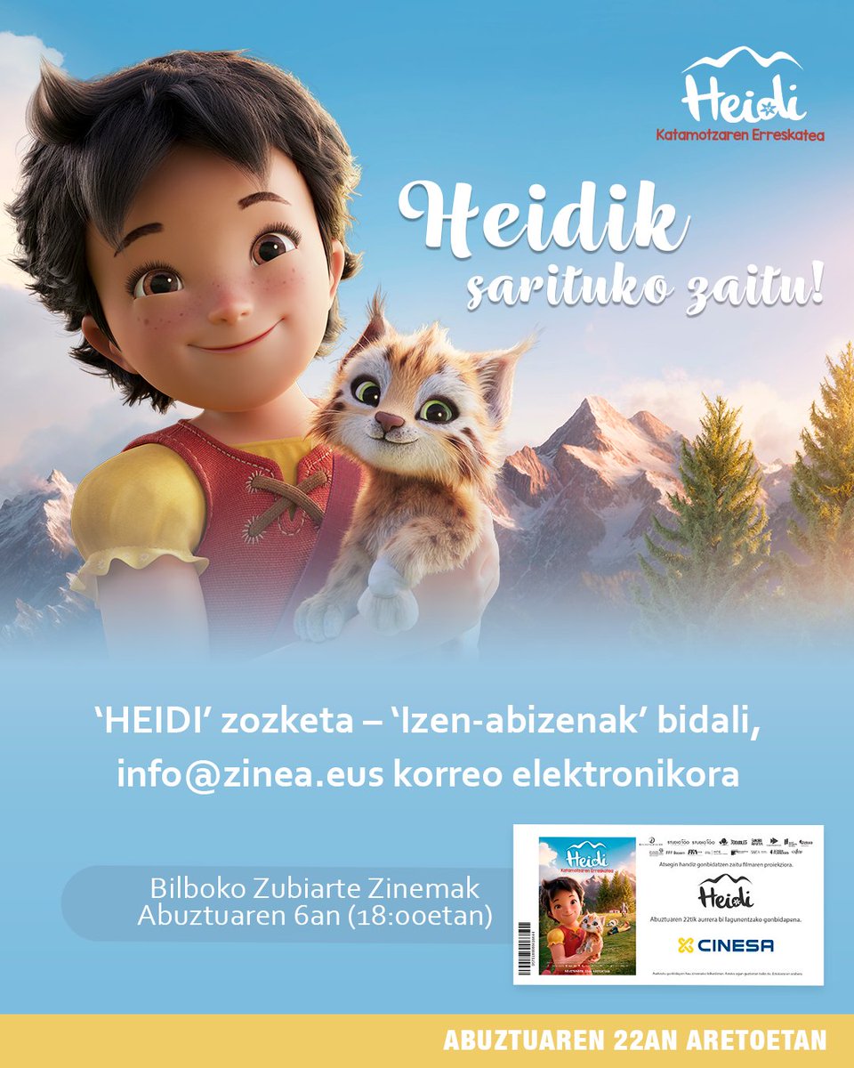 ‘Heidi, katamotzaren erreskatea’ filmaren aurrestreinaldira joateko bi sarrera bikoitz zozkatuko ditugu ZINEAn.

📍 NON: Cinesa Zubiarte – 8. aretoa
🗓️ NOIZ: Abuztuaren 6an (asteazkena)
🕐 ORDUA: 18:00etan

👇 Informazio osagarria 👇
zinea.eus/2025/07/07/zoz…