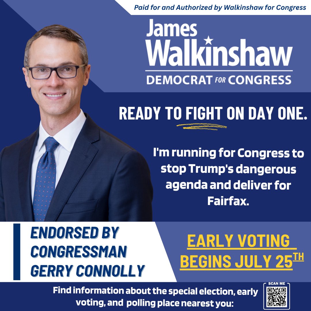 JamesWalkinshaw's tweet image. MAGA extremists like my opponent want to drag Fairfax backward. But I’ve fought their dangerous agenda before—and I’ve won.
As your Democratic nominee, I’m taking the fight to DC to defend #VA11 from Trump’s attacks and protect our values.