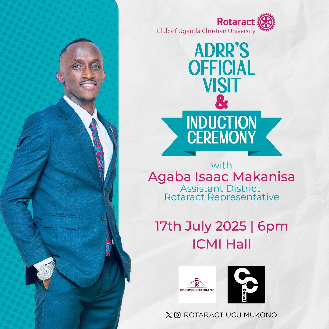 🎉 Big Day Ahead!
Join us on 17th July 2025 at 6PM in ICMI Hall for the official visit of ADRR Agaba Isaac Makanisa and our Induction Ceremony!
Let’s welcome new members and celebrate this special milestone together. 🔥
#RotaractUCU #RotaryMukono #CanonThursdays #PeopleOfAction