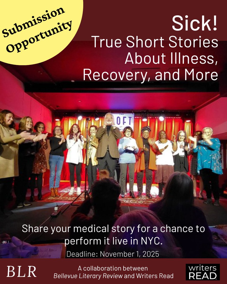 BLReview's tweet image. New Submission Opportunity 🎉 Share your poignant, funny, heartening, even troubling medical story for a chance to perform it live in NYC. Submissions close November 1st, so start writing!
Learn more: writersread.org/submissions In partnership with @WritersReadOrg