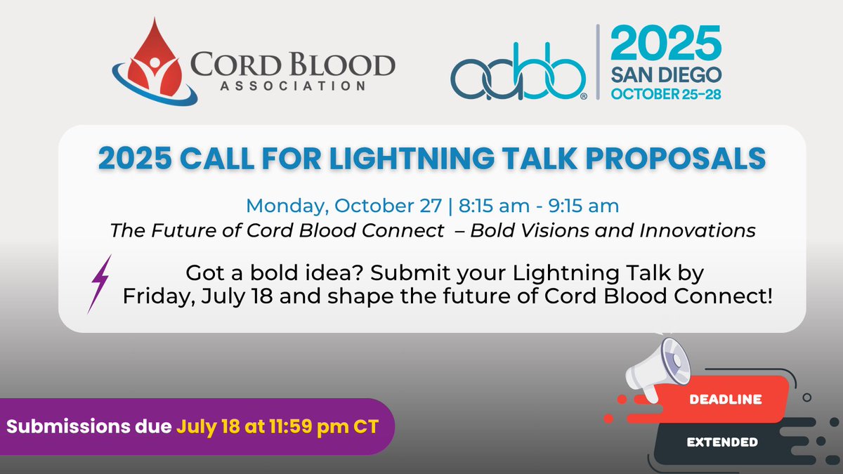 We’ve extended the deadline to submit your bold ideas for a Lightning Talk proposal at #CBC2025 — now due by Friday, July 18. Don’t miss this opportunity to inspire the future of #CordBlood &amp; #BirthingTissue innovation! Submit your proposal now: buff.ly/xqn7DMh 

<a href="/AABB/">AABB</a>