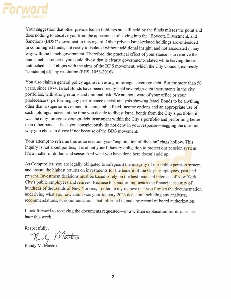 NEW: NYC Mayor's office responds to Lander's letter on Israel Bonds.

First Deputy Mayor Randy Mastro suggests Lander "caved" to the BDS movement by ending all investments in Israeli bonds.

original story ⬇️
forward.com/fast-forward/7…