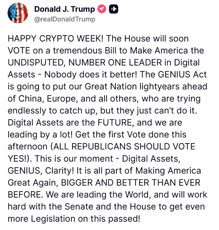 BlockHawkX's tweet photo. 📢NEW: President Donald Trump says "HAPPY CRYPTO WEEK!"  

"Digital Assets are the FUTURE, and we are leading by a lot! Get the first Vote done this afternoon" https://t.co/Np3rDcf0Zp