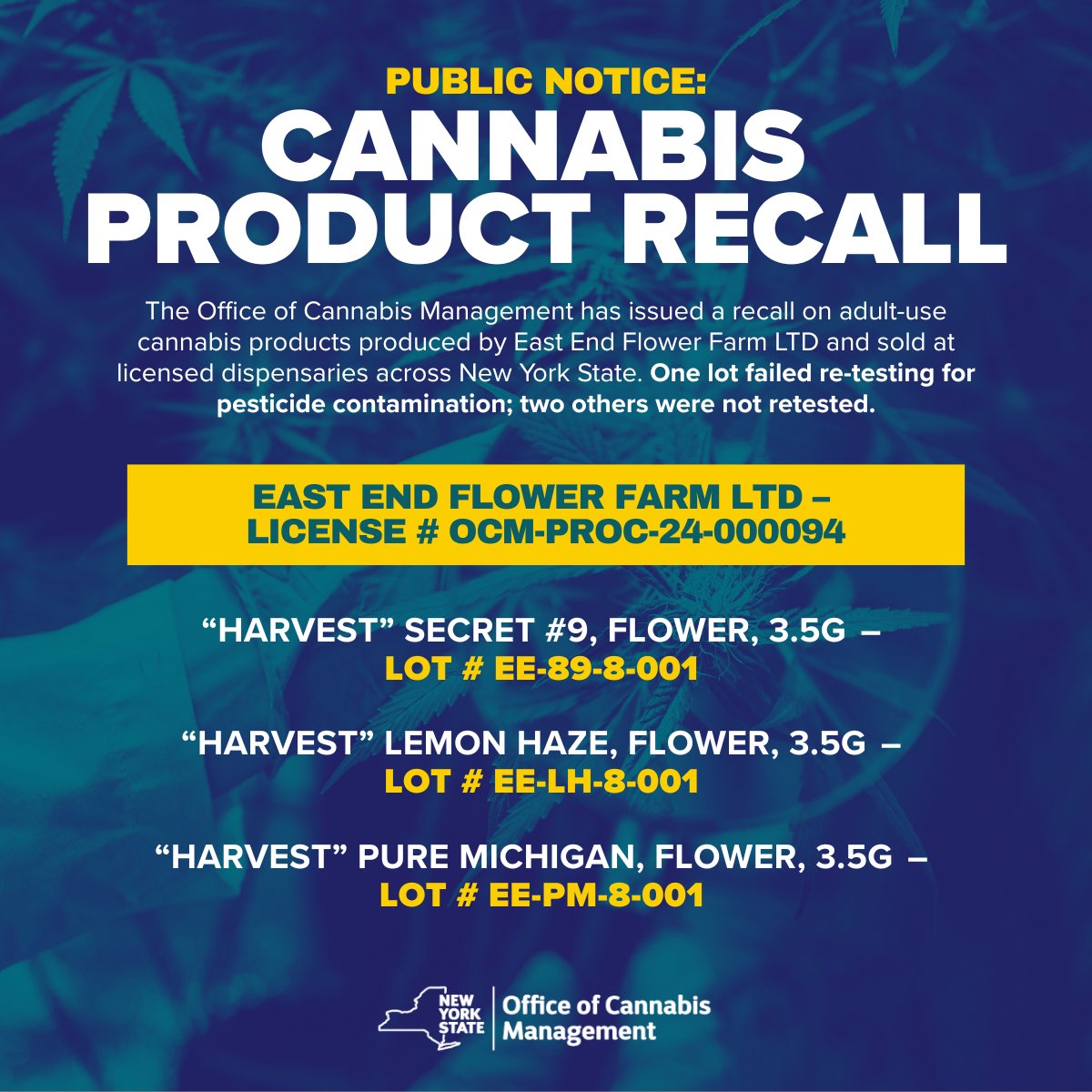nys_cannabis's tweet image. ⚠️ PUBLIC NOTICE: OCM has recalled 3 adult-use cannabis product lots from East End Flower Farm LTD sold at licensed NY dispensaries.
One lot failed pesticide re-testing; two were not re-tested.
📄 For more details: cannabis.ny.gov/recalls