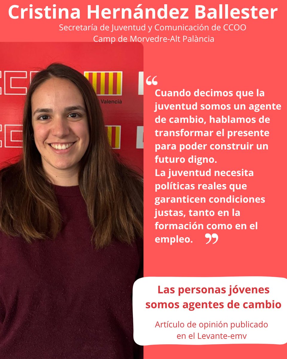 CCOO Camp de Morvedre - Alt Palancia (@ccoocmorvapalan) on Twitter photo Las personas jóvenes somos agentes de cambio
Artículo de opinión de ✍️ Cristina Hernández Ballester, Secretaría de Juventud y Comunicación de <a href="/CCOOCMorvAPalan/">CCOO Camp de Morvedre - Alt Palancia</a> CCOO Camp de Morvedre - Alt Palancia
Vía <a href="/LMorvedre/">Levante Morvedre</a> 🔗 acortar.link/HwMv61 Las personas jóvenes somos agentes de cambio
Artículo de opinión de ✍️ Cristina Hernández Ballester, Secretaría de Juventud y Comunicación de <a href="/CCOOCMorvAPalan/">CCOO Camp de Morvedre - Alt Palancia</a> CCOO Camp de Morvedre - Alt Palancia
Vía <a href="/LMorvedre/">Levante Morvedre</a> 🔗 acortar.link/HwMv61