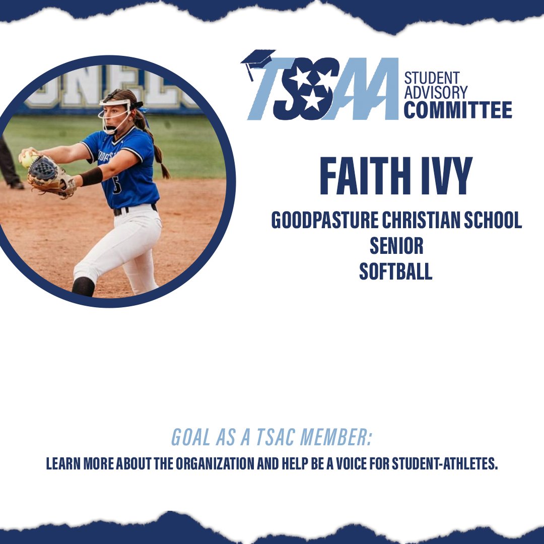 TSSAA's tweet image. 📚TSAC Member Spotlight📚
Meet Faith Ivy! A Goodpasture Christian School student-athlete serving on this year's Student Advisory Committee!