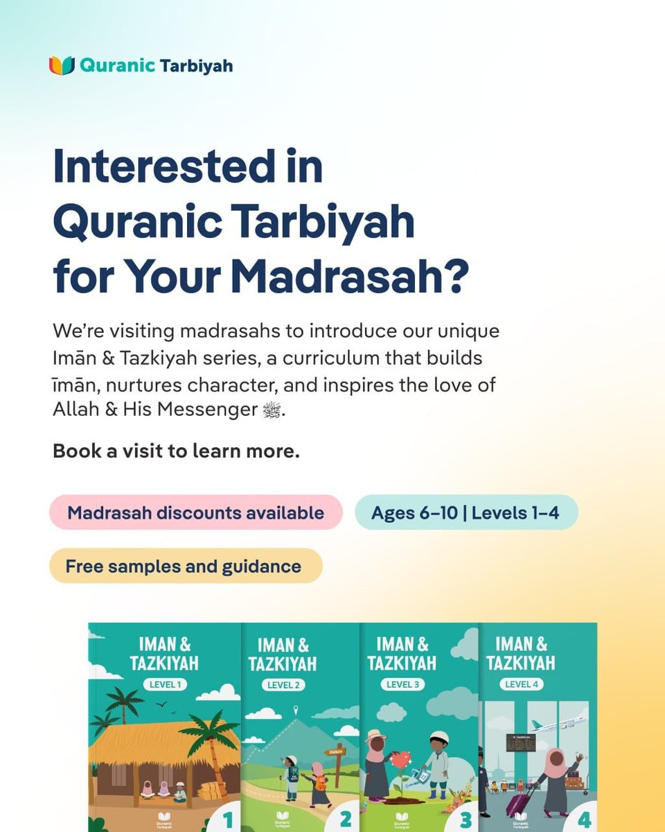 quranictarbiyah's tweet image. We are pleased to announce that we are visiting madrasahs across UK to introduce the Quranic Tarbiyah Imān & Tazkiyah series.
To arrange a visit or learn more, kindly register your interest here: forms.gle/VRR4VsBr5A95i9…
For any enquiries, contact us on info@quranictarbiyah.com.