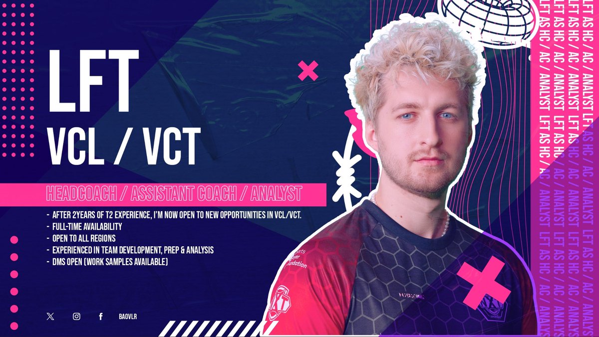 LFT – Coach / Assistant / Analyst

After failing to reach the VCL playoffs with FALKE, and with the players’ future currently uncertain + the long break ahead. 
I am once again LFT VCL / VCT

- Full-time availability

- Open to all regions

- Experienced in team development, prep