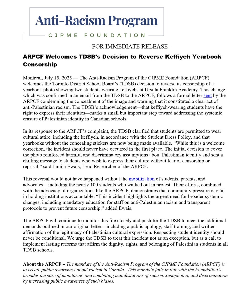 After advocacy from students, families &amp; the ARPCF, TDSB stated the yearbook photo with keffiyehs should not have been covered. Unaltered copies are now available.