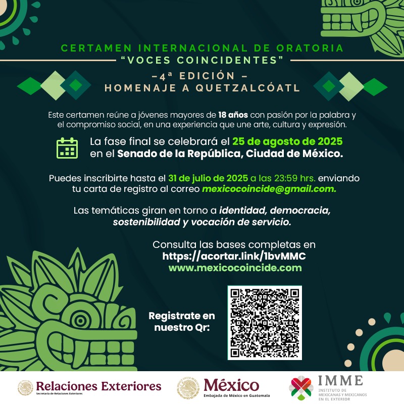 ConsulMexGuate's tweet image. 📢 ¡Atención, jóvenes apasionados por la #oratoria !
Se encuentran abiertas las inscripciones para el Certamen Internacional de Oratoria “Voces Coincidentes” 🎤✨
🗓️ Inscripciones hasta el 31 de julio
📧 Envío de carta de registro: mexicocoincide@gmail.com
🌎 Temas: identidad,…