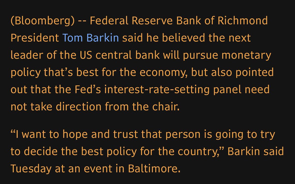 🚨🚨 Federal Reserve Regional President basically telling Trump that if he appoints a puppet Fed Chair, the rest of the Fed will just ignore him. 

Wow.