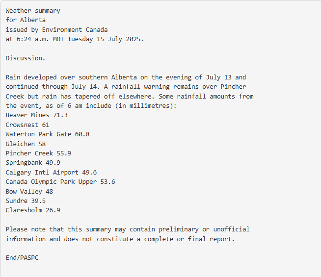 ECCCWeatherAB's tweet image. The rain has moved out of southern Alberta, after dropping close to 50 mm in #Calgary and higher amounts in the southern foothills. A little break from the wet weather for the next couple days, but showers expected for the south Thursday #abstorm