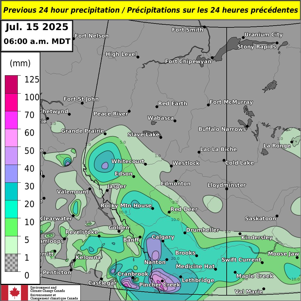 ECCCWeatherAB's tweet image. The rain has moved out of southern Alberta, after dropping close to 50 mm in #Calgary and higher amounts in the southern foothills. A little break from the wet weather for the next couple days, but showers expected for the south Thursday #abstorm