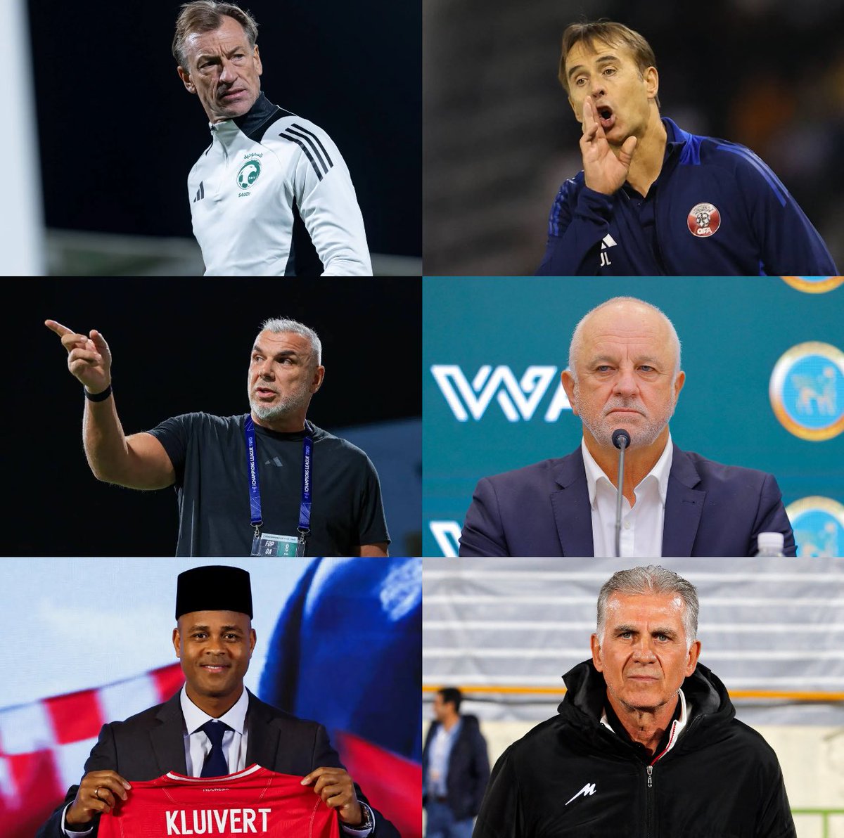 مدربين المنتخبات المتأهلة للملحق الآسيوي 🚨 

🇸🇦 السعودية — هيرفي رينارد
🇶🇦 قطر — لوبوتيغي
🇦🇪 الإمارات — كوزمين
🇮🇶 العراق — أرنولد
🇴🇲 عمان — كيروش
🇮🇩 إندونيسيا — كلويفرت

• من الأفضل؟