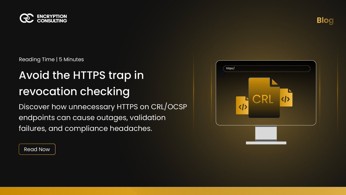encryptioncons's tweet image. In this detailed blog, we outlined why HTTP is still preferred for revocation endpoints, backed by practical PKI insights and security rationale.
ow.ly/AiuT50WpUpx
#EncryptionConsulting #PKI #CertificateValidation #CRL #OCSP #Cybersecurity #DigitalCertificates…