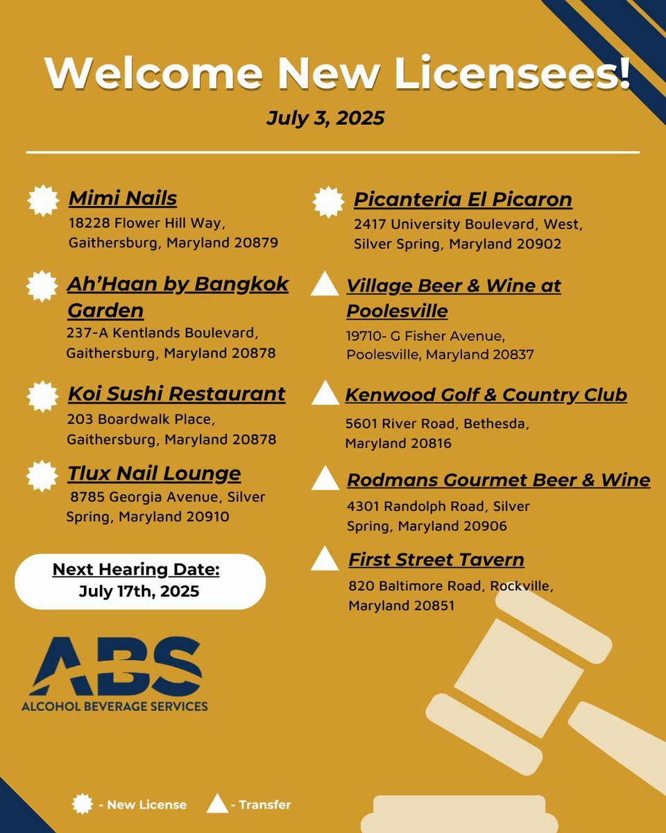 MoCo_RASP's tweet image. Congrats to our new licensees! Make sure you give us a follow for tips on how to serve and/or sell alcohol responsibly!