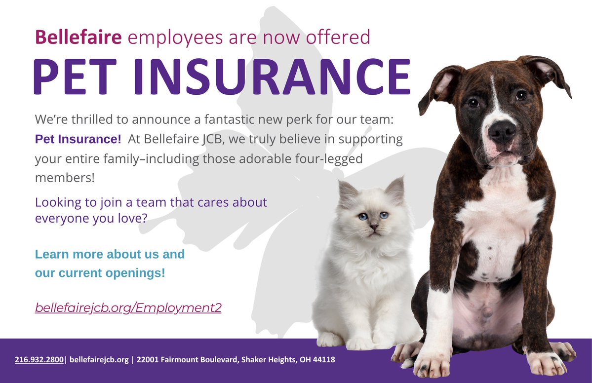 Exciting news! Bellefaire is now offering pet insurance as part of our employee benefits package. 

If you're passionate about making a difference and want to be part of an organization that values you, check out our current job openings: bellefairejcb.org/employment2