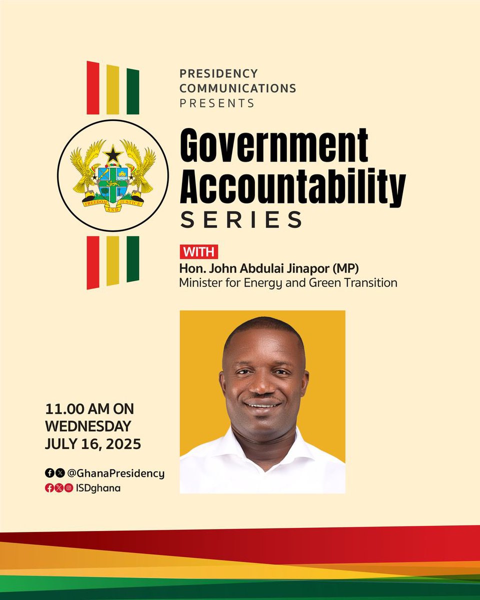 ewuraadamskarim's tweet image. Minister for Energy and Green Transition is next on the list for the Government Accountability Series.
Catch the live transmission on @WoezorTV tomorrow at 11:00am sharp!