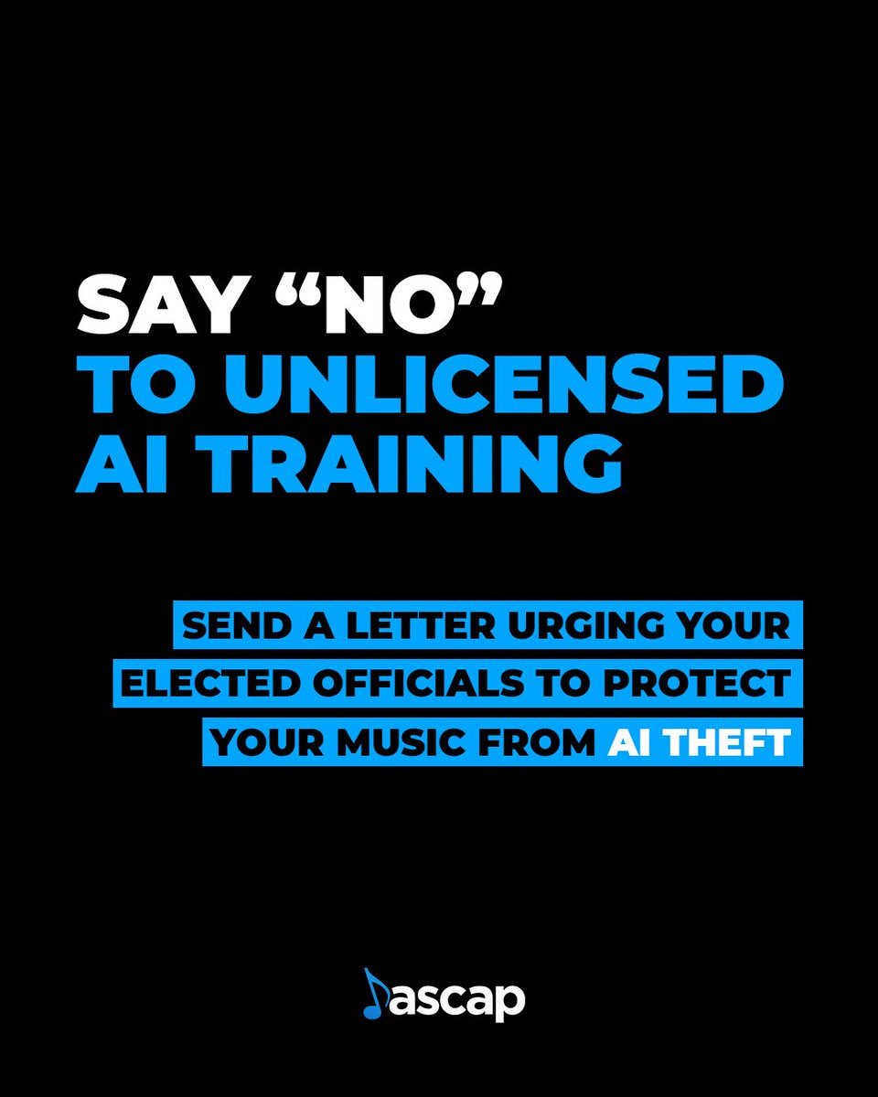 ASCAP's tweet image. The Copyright Alliance has drafted a letter that you can quickly and easily send to your Congressional representatives and the President, urging them to protect your rights – and your livelihood. Take action: go.ascap.com/takeaction
