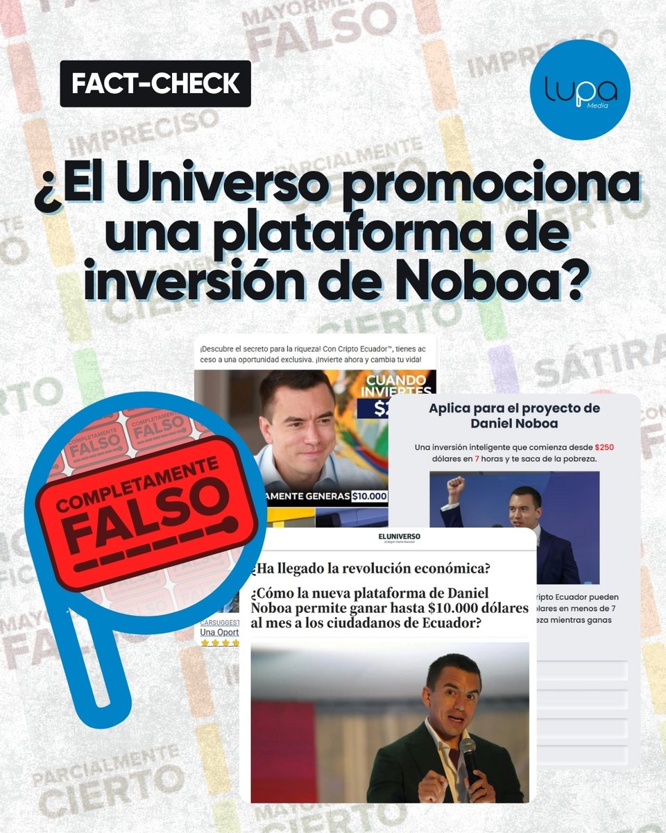 🔍 #FactCheckLupa | ❌ FALSO: El Universo no publicó sobre una plataforma de inversión en criptomonedas de Daniel Noboa.
🤔¿Cómo lo sabemos?

✅La dirección web no corresponde a la página oficial de El Universo
✅Inconsistencias visuales en el logo, pie de página y estilo de